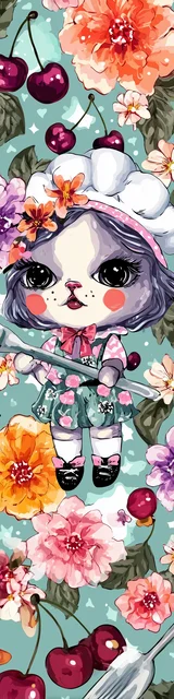 Free kawaii cats bookmark featuring a cherry-themed cat wearing black shoes